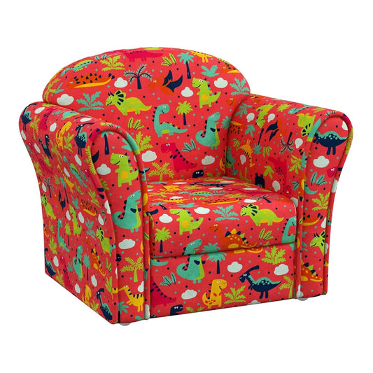 AIYAPLAY Kids Armchair with Dinosaur Design in red with colourful cartoon dinosaur patterns