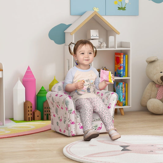 A young girl sitting on the flamingo armchair in a brightly decorated playroom