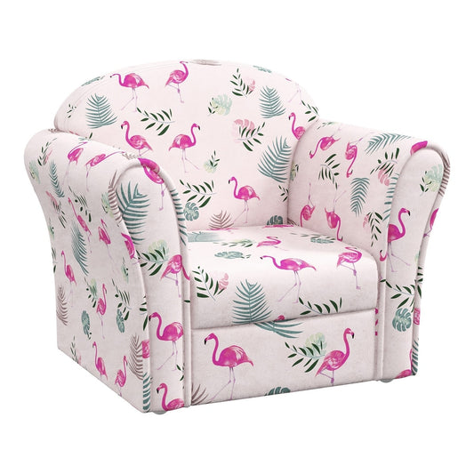 AIYAPLAY Kids Armchair with Flamingo Design, pink fabric with flamingo and leaf pattern