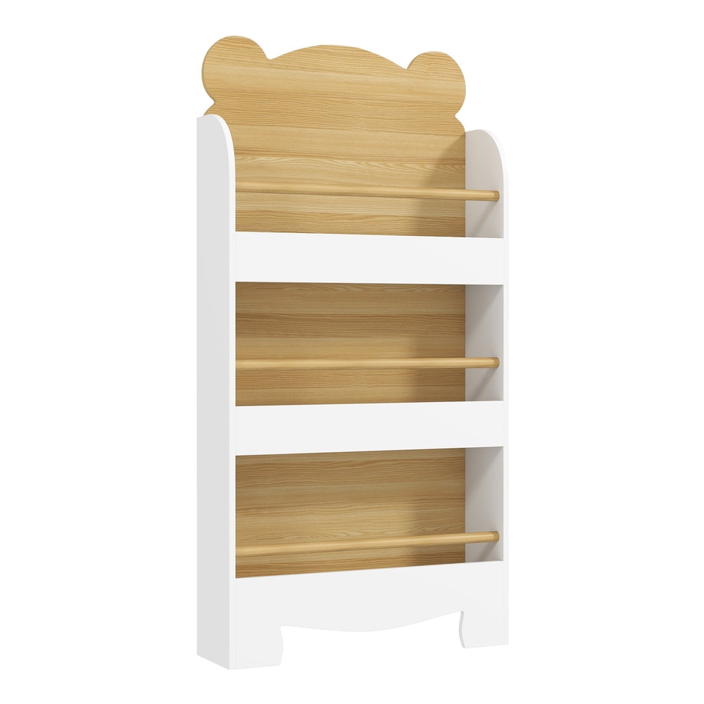 AIYAPLAY Kids Bookshelf, a white three-tier bookcase with a bear-shaped top and wooden shelves