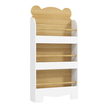 AIYAPLAY Kids Bookshelf, a white three-tier bookcase with a bear-shaped top and wooden shelves