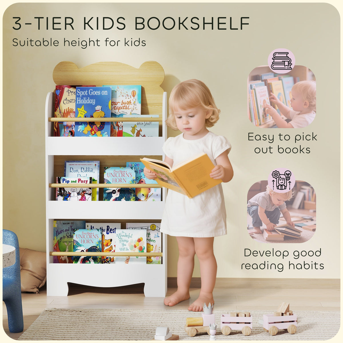 A toddler reaching for a book on the white kids bookshelf, highlighting ease of access