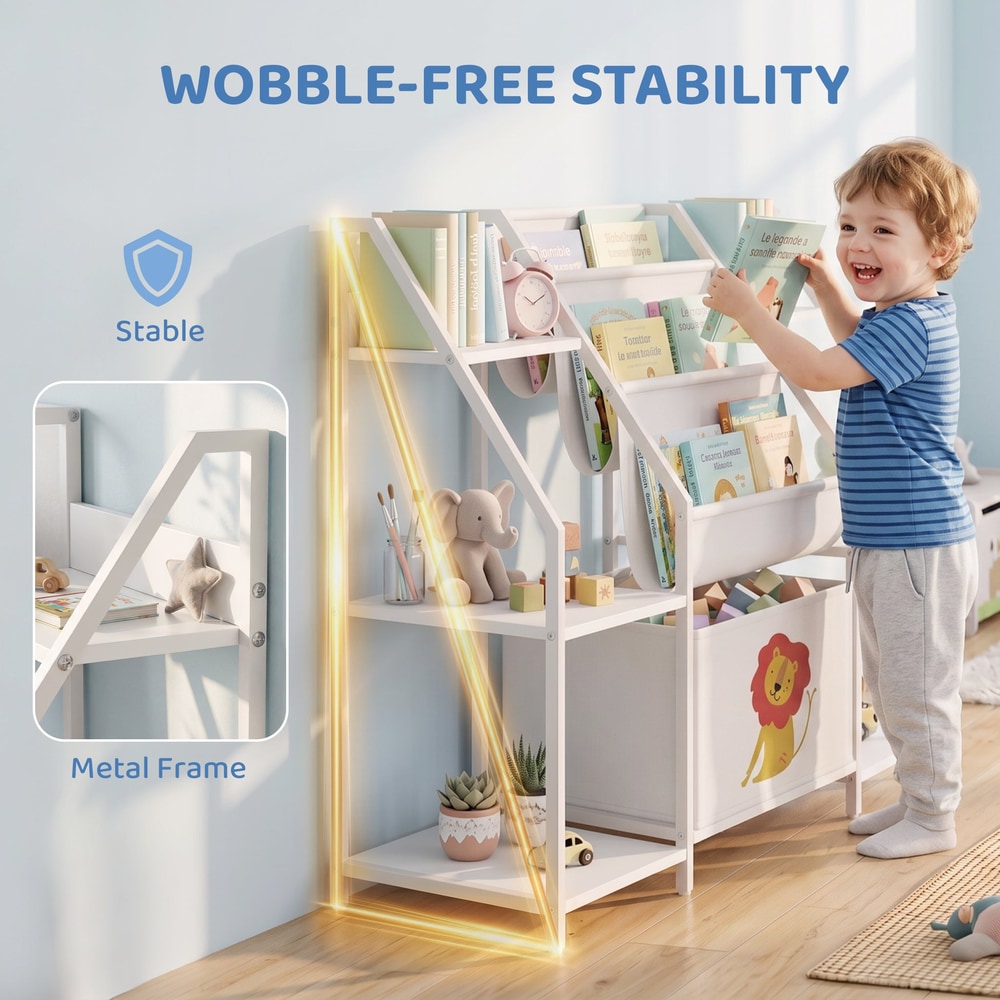 Close up of the metal frame and stable legs of the kids storage unit
