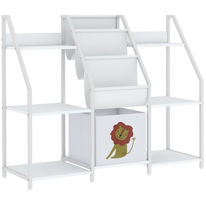 AIYAPLAY Kids Bookshelf and Toy Storage with sling book rack and fabric drawer in white