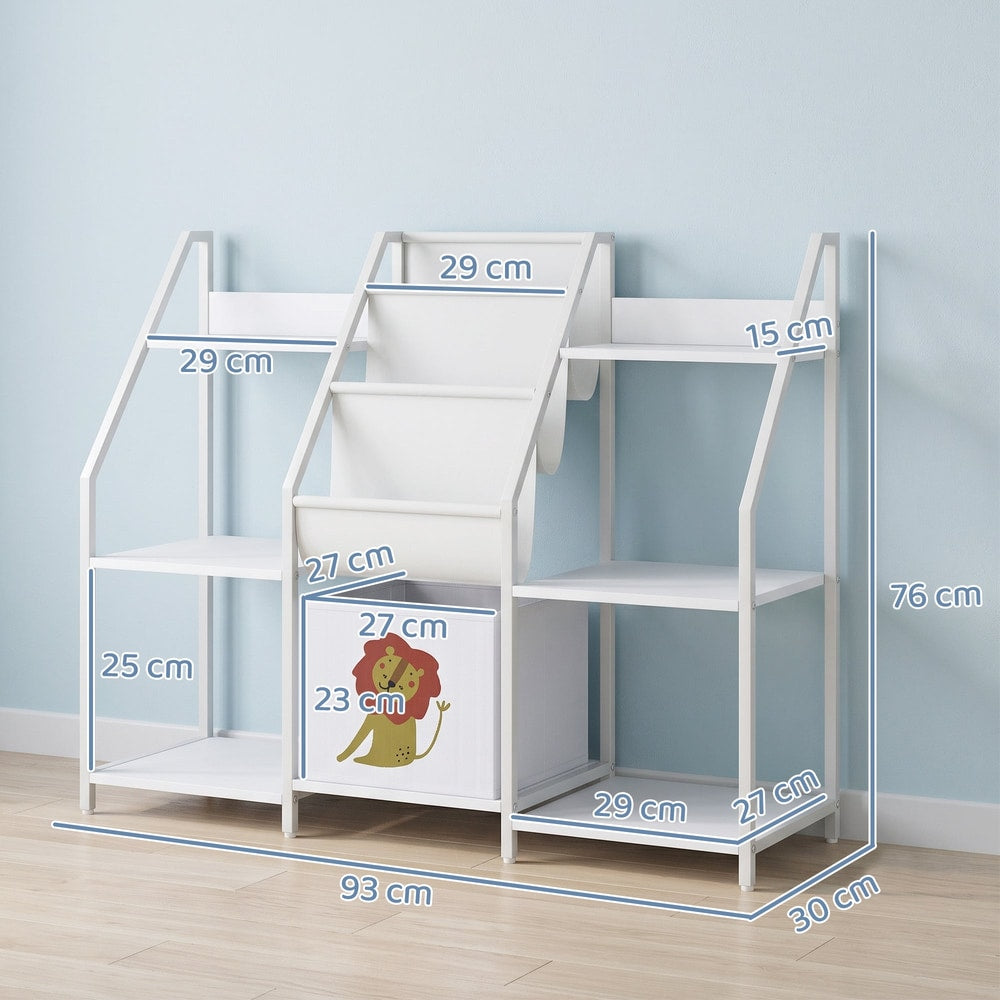 White kids bookshelf and toy storage unit with dimensions shown