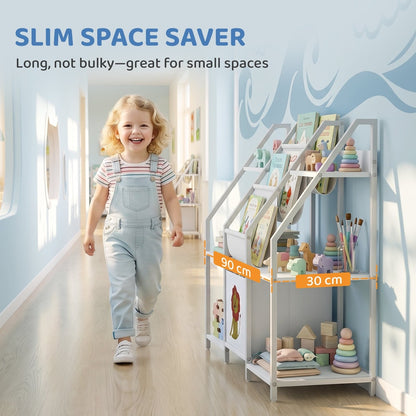 A child stands beside the slim white kids storage unit in a hallway