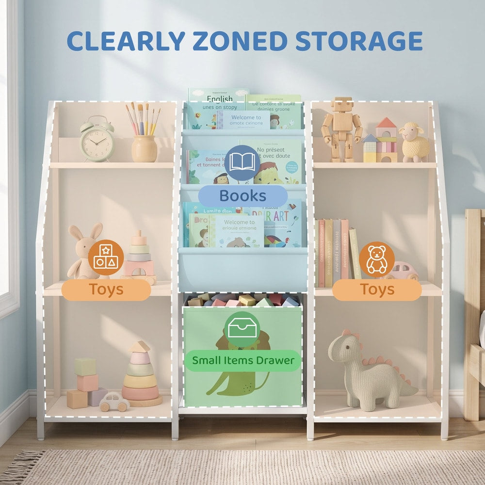 The white kids storage unit with labelled sections for books and toys