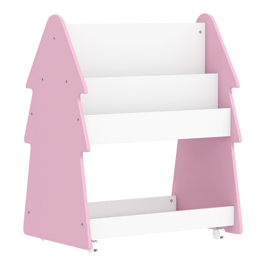 AIYAPLAY Kids Bookshelf with Toy Storage, a pink double-sided bookcase with three shelves and wheels