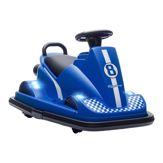 AIYAPLAY Kids Bumper Car in blue with a black seat, steering wheel and glowing LED lights