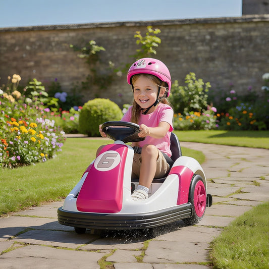 A happy young girl rides the pink electric ride-on car in a garden setting