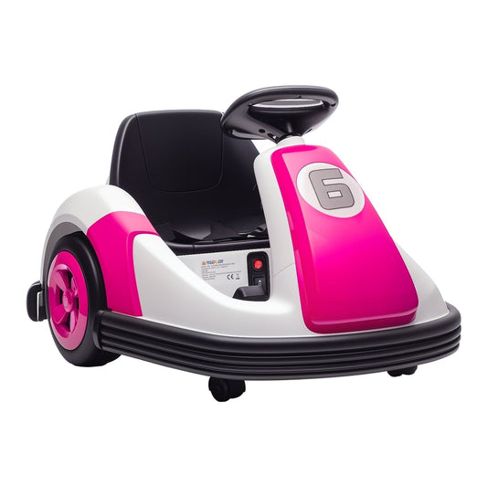 AIYAPLAY Kids Bumper Car with 360-Degree Rotation in pink and white, with a black seat and steering wheel