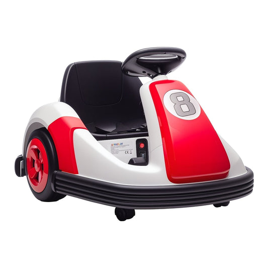 AIYAPLAY Kids Bumper Car with 360-Degree Rotation, a white and red ride-on car with a black seat and steering wheel