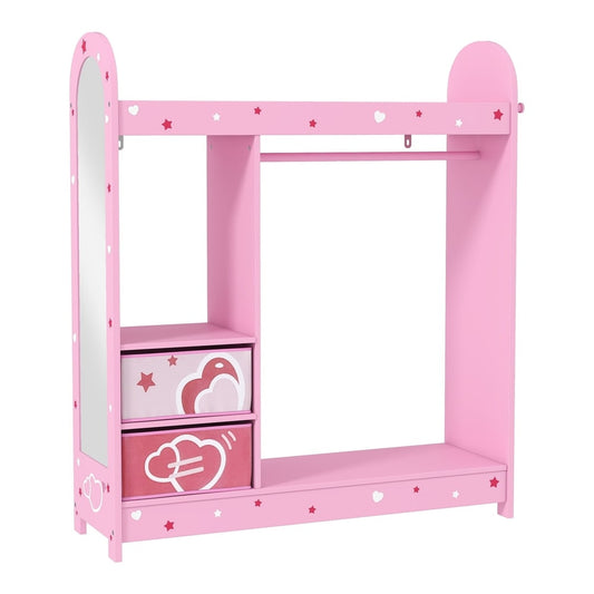 AIYAPLAY Kids Clothes Rail, a pink wooden wardrobe with a mirror, hanging rail, shelves and drawers