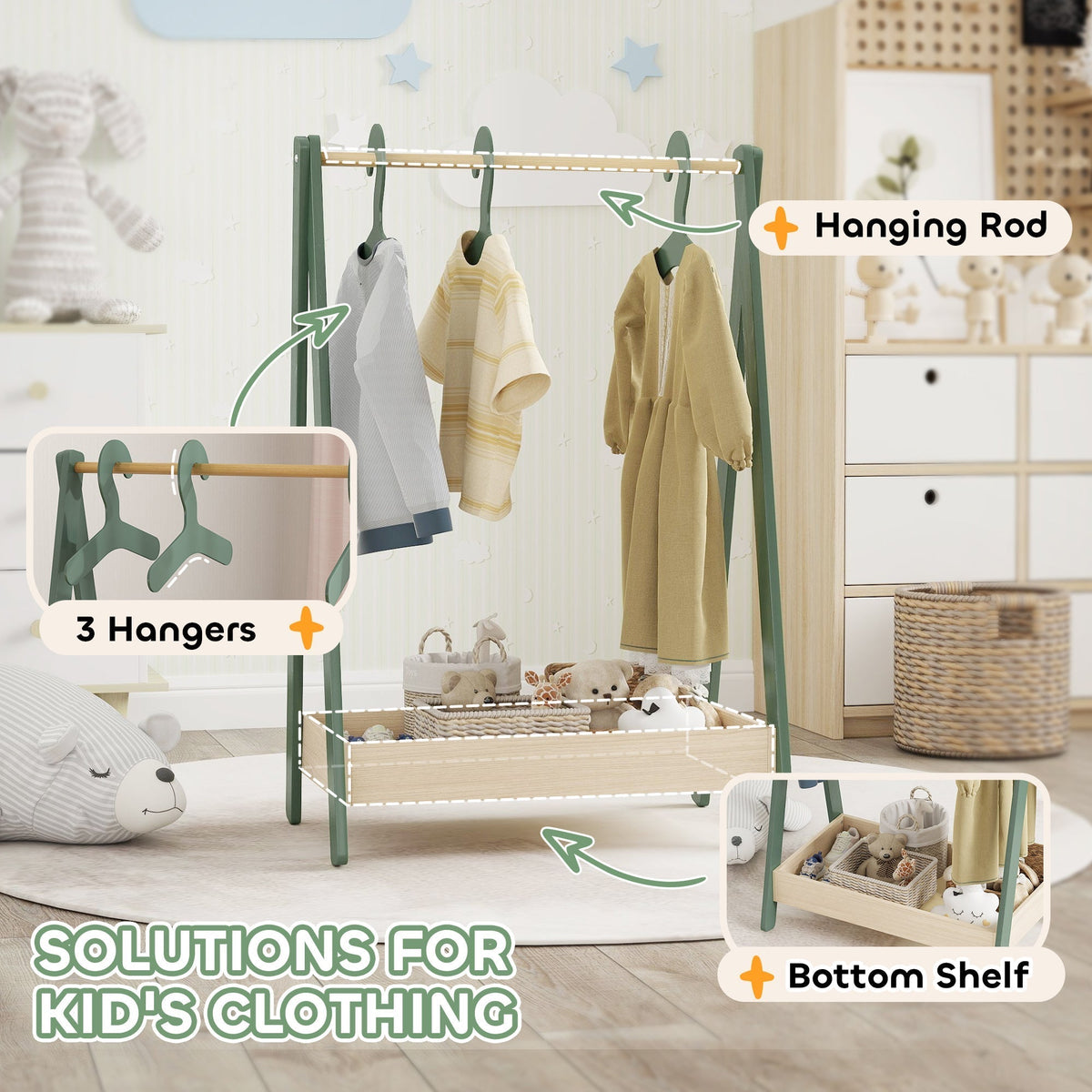 Close up of the green kids clothes rail showing the hanging rod, 3 hangers, and bottom storage shelf with items