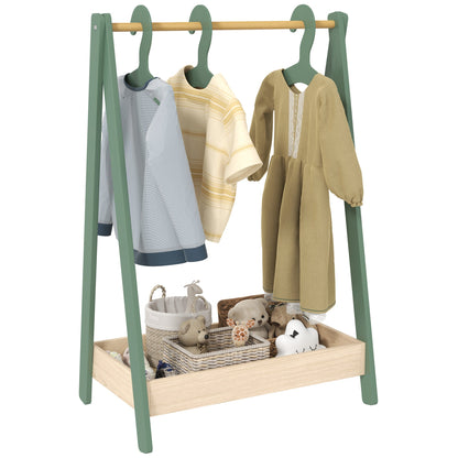 AIYAPLAY Kids Clothes Rail with 3Hangers, a green wooden frame with a hanging rod and a bottom storage shelf