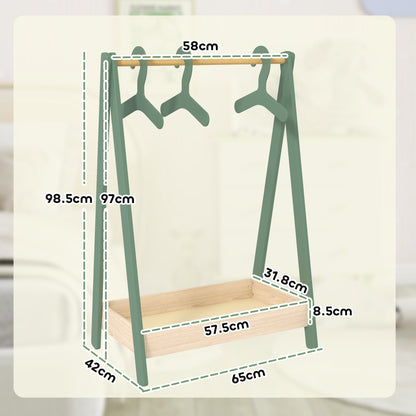 A green kids clothes rail with dimensions shown for height, width, and depth of the unit and storage shelf
