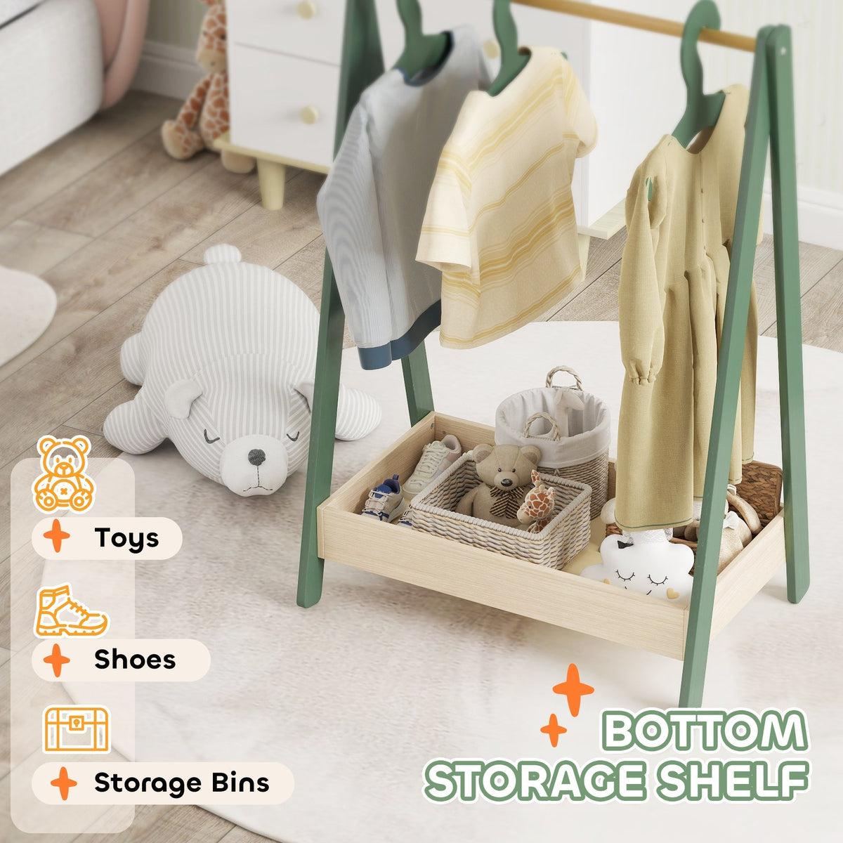 The green kids clothes rail with bottom storage shelf filled with toys and storage bins