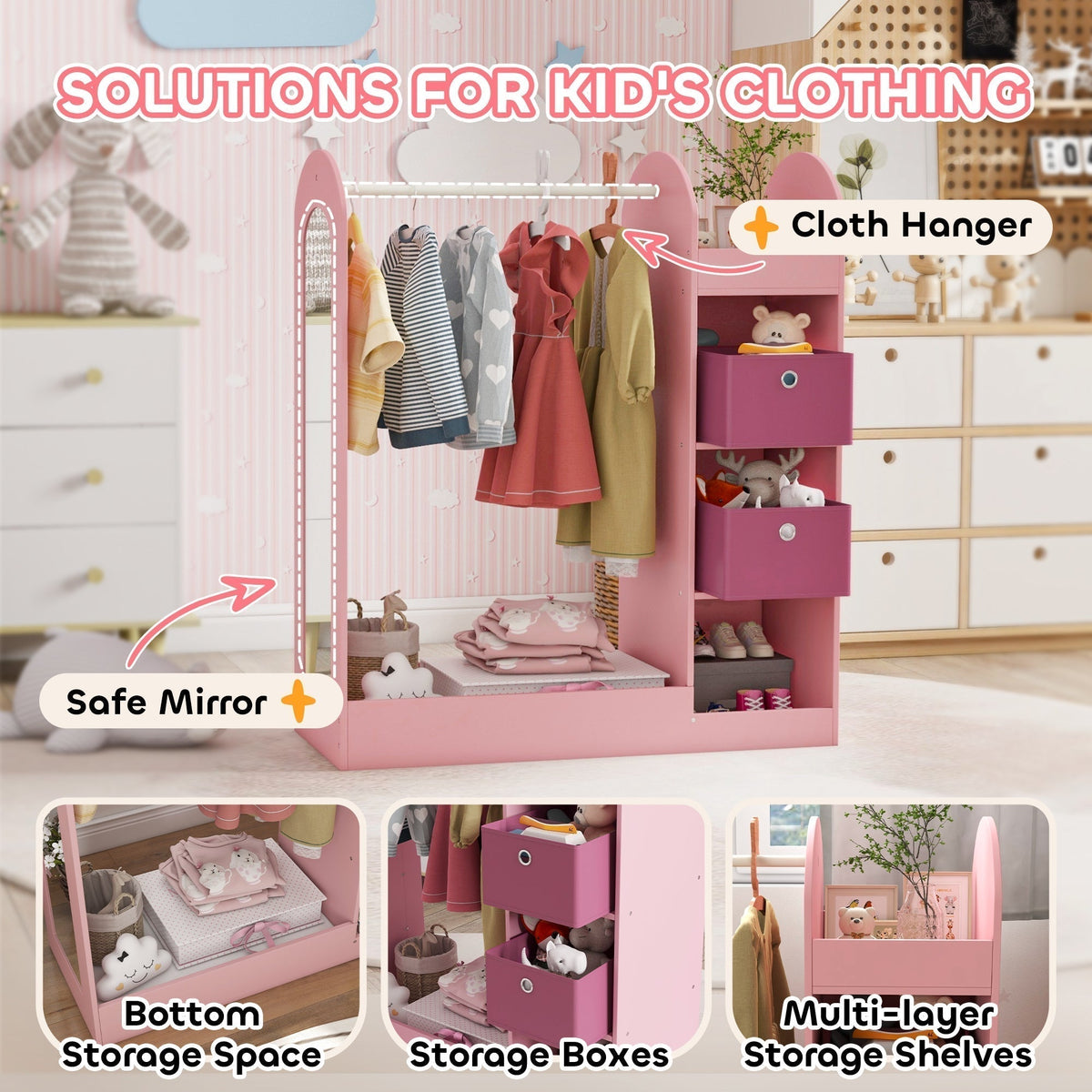 The pink children's clothes rail with storage shelf showing its features like mirror and storage boxes