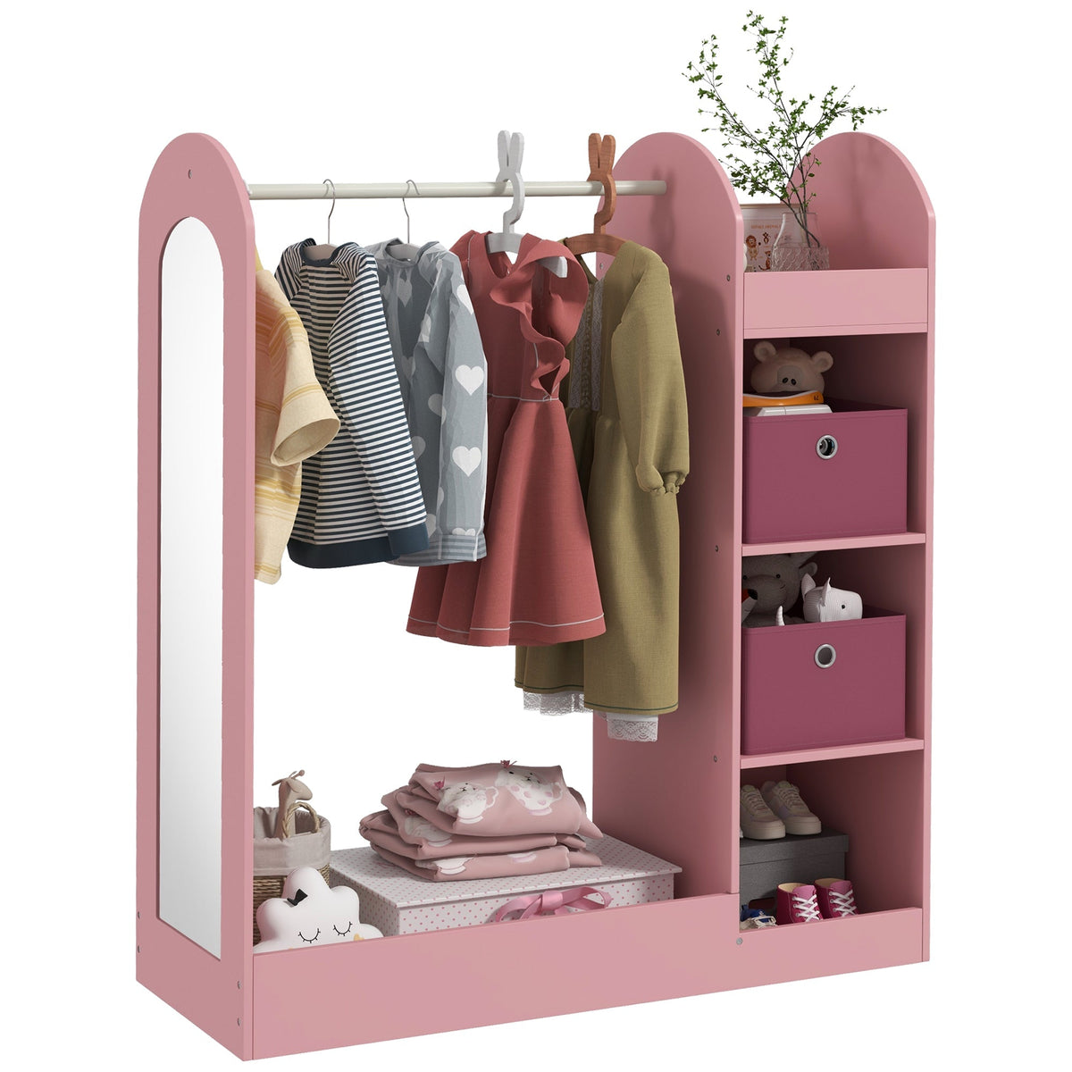 AIYAPLAY Kids Clothes Rail with Storage Shelf, a pink wooden unit with a hanging rail, shelves, storage boxes and a mirror