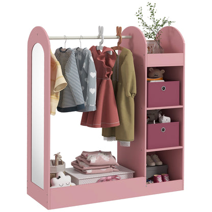 AIYAPLAY Kids Clothes Rail with Storage Shelf, a pink wooden unit with a hanging rail, shelves, storage boxes and a mirror