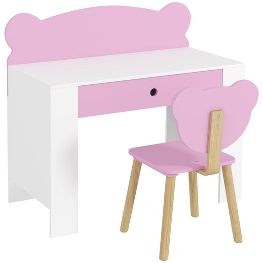 AIYAPLAY Kids Desk and Chair Set in pink and white with bear shaped backrests on a white background