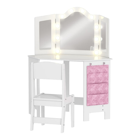 AIYAPLAY Kids Dressing Table and Stool Set with a tri-folding mirror and LED lights