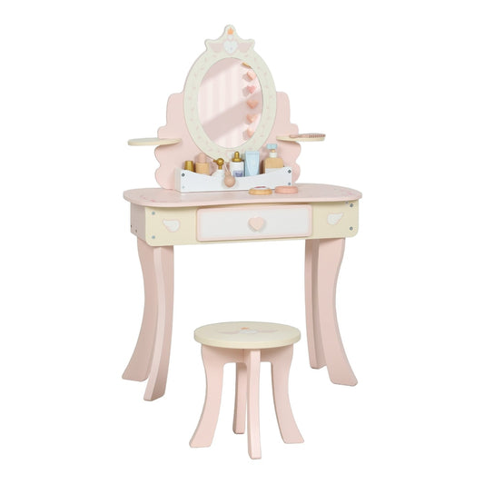 AIYAPLAY Kids Dressing Table, a pink vanity set with a mirror and stool, featuring play accessories on the desktop