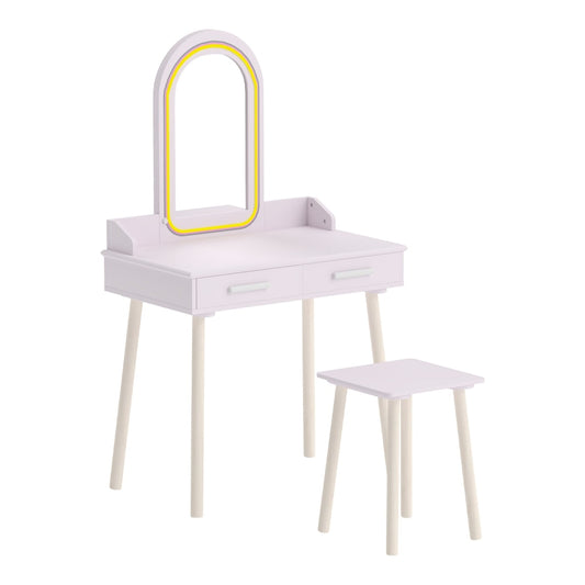 AIYAPLAY Kids Dressing Table with a stool and oval mirror with LED lights