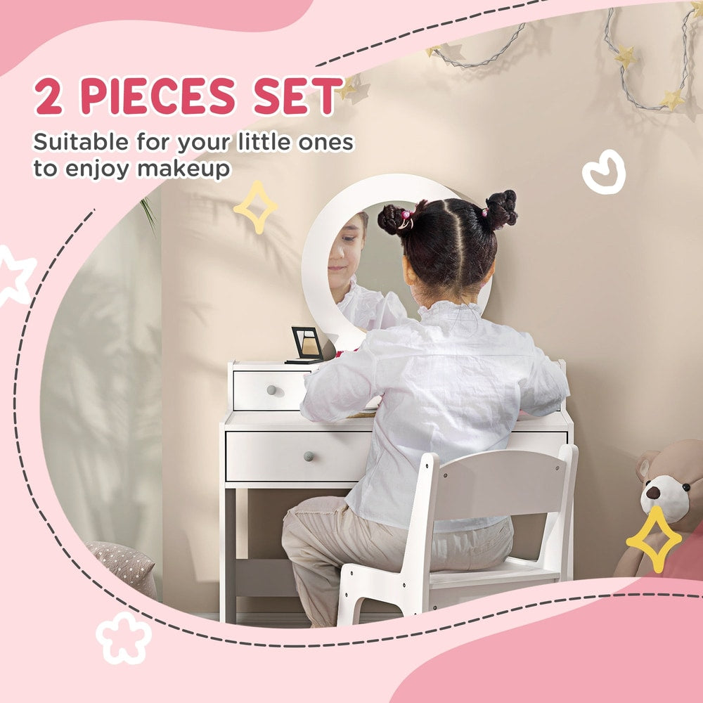 A child looking in the mirror of the kids dressing table set, applying makeup