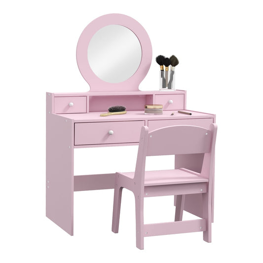 AIYAPLAY Kids Dressing Table Set in pink with a round mirror and matching stool