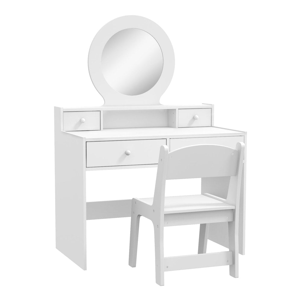 AIYAPLAY Kids Dressing Table Set with a round mirror and matching stool, all in white
