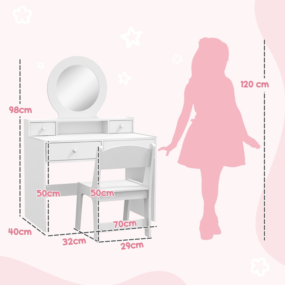 Diagram showing the dimensions of the kids dressing table and stool with a child silhouette