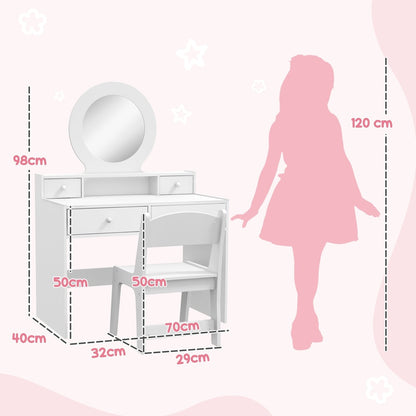 Diagram showing the dimensions of the kids dressing table and stool with a child silhouette
