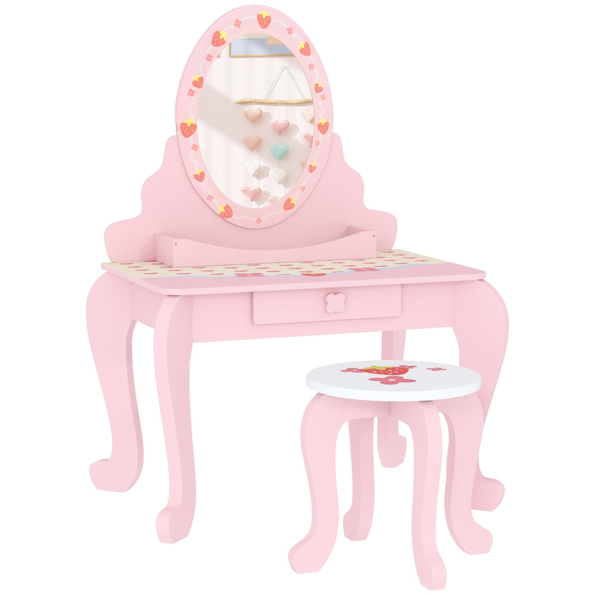 AIYAPLAY Kids Dressing Table Set with a pink vanity table, oval mirror and matching stool