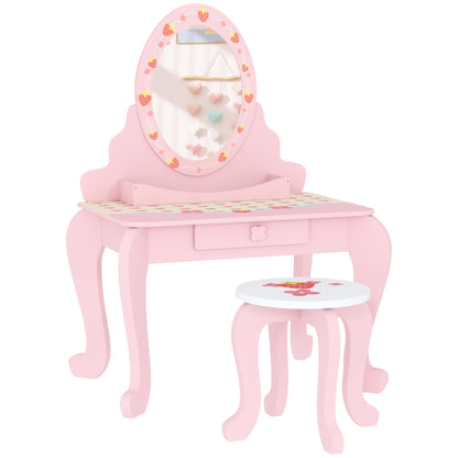 AIYAPLAY Kids Dressing Table Set with a pink vanity table, oval mirror and matching stool