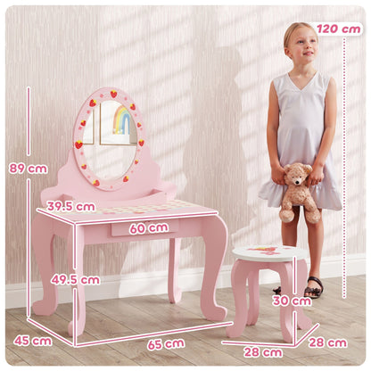 Pink strawberry-themed kids dressing table and stool with dimensions shown