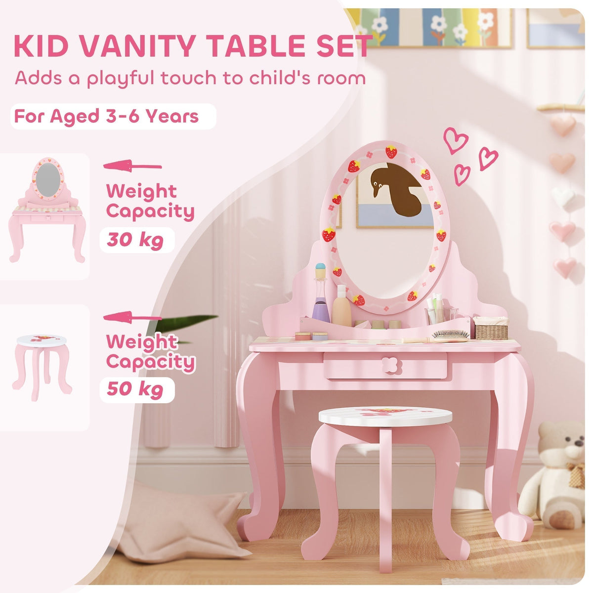 The pink kids vanity table set with weight capacity information