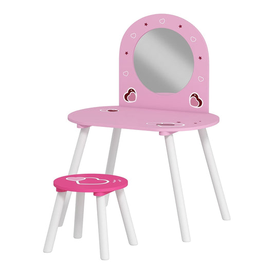 AIYAPLAY Kids Dressing Table with Mirror and Stool, a pink vanity set with a heart-shaped mirror and matching stool