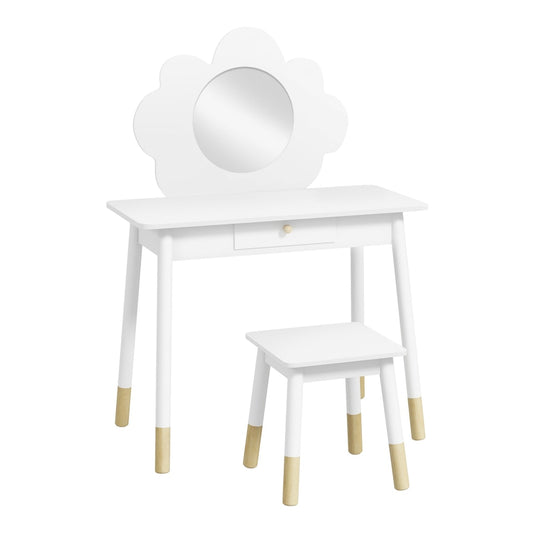 AIYAPLAY Kids Dressing Table with Mirror, Stool, Drawer, Cloud Design, White, front view
