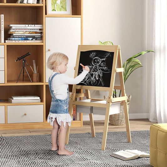 A young child drawing on the blackboard side of the wooden art easel in a living room
