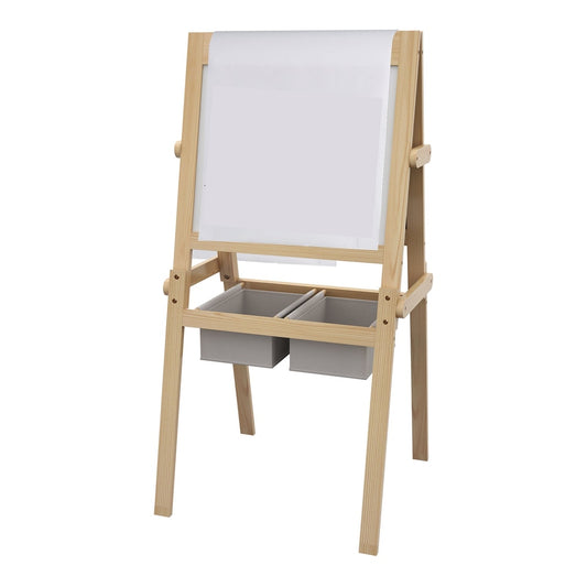 AIYAPLAY Kids Easel with Paper Roll showing the whiteboard side and two grey storage baskets