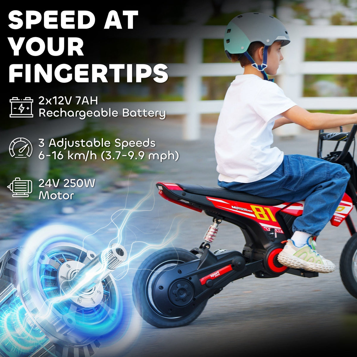 Close up of the motor and battery details for the red kids electric motorbike