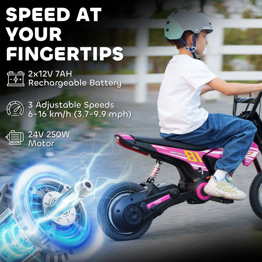 Close up of the motor and battery details for the pink kids electric motorbike