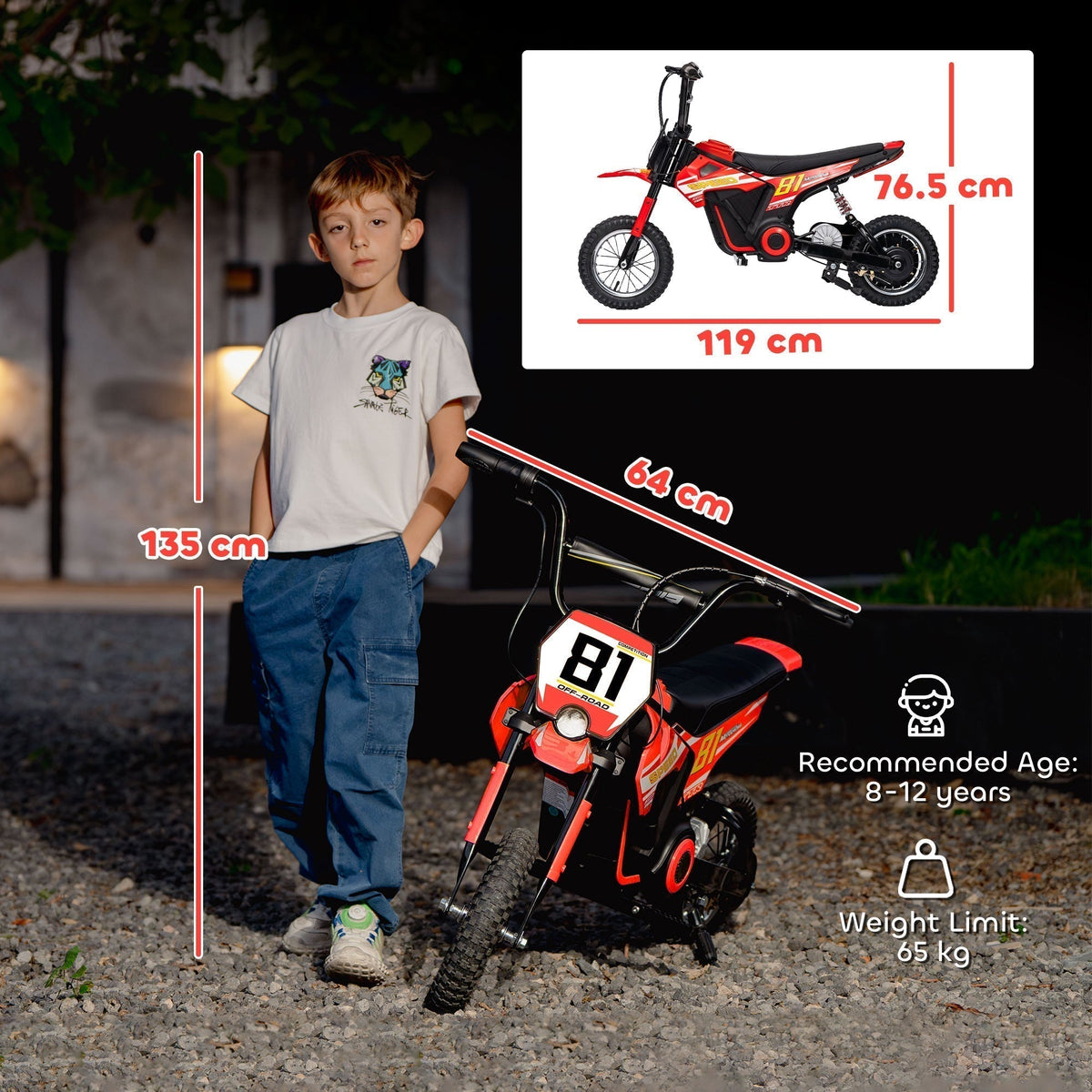 A diagram showing the dimensions of the red kids electric motorbike and recommended age