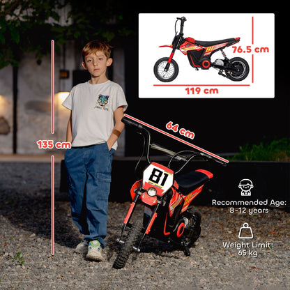 A diagram showing the dimensions of the red kids electric motorbike and recommended age