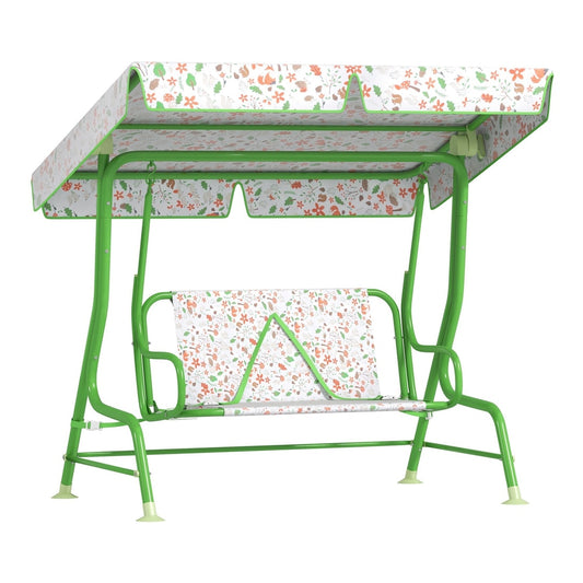 AIYAPLAY Kids Garden Swing Chair with Adjustable Canopy, green metal frame with a floral pattern canopy and seat