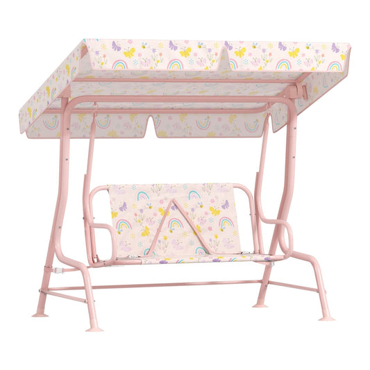 AIYAPLAY Kids Garden Swing Chair with Adjustable Canopy, pink metal frame with a patterned canopy and seat