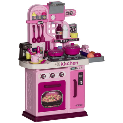 AIYAPLAY Kids Kitchen with 33 Pieces in pink with cooking utensils and play food accessories