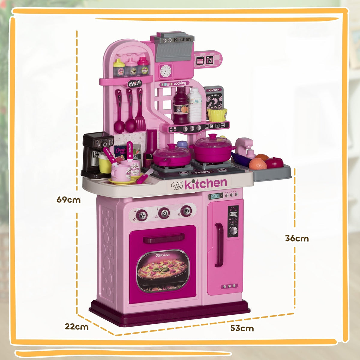 The role play toy kitchen showing height and width dimensions with dashed lines