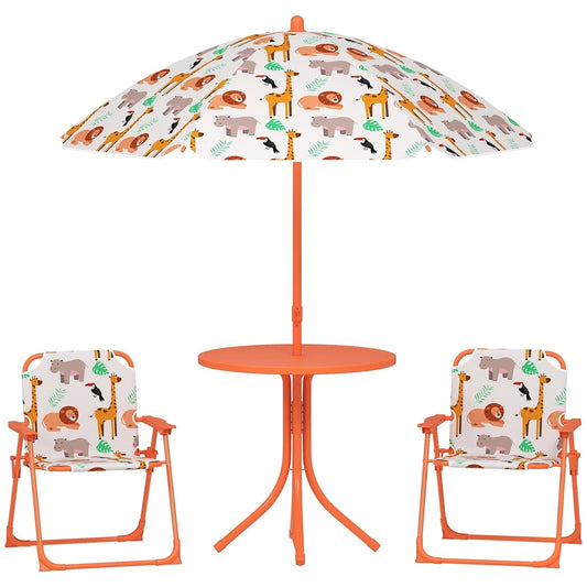 AIYAPLAY Kids Patio Set with orange table and two folding chairs with animal print, with parasol